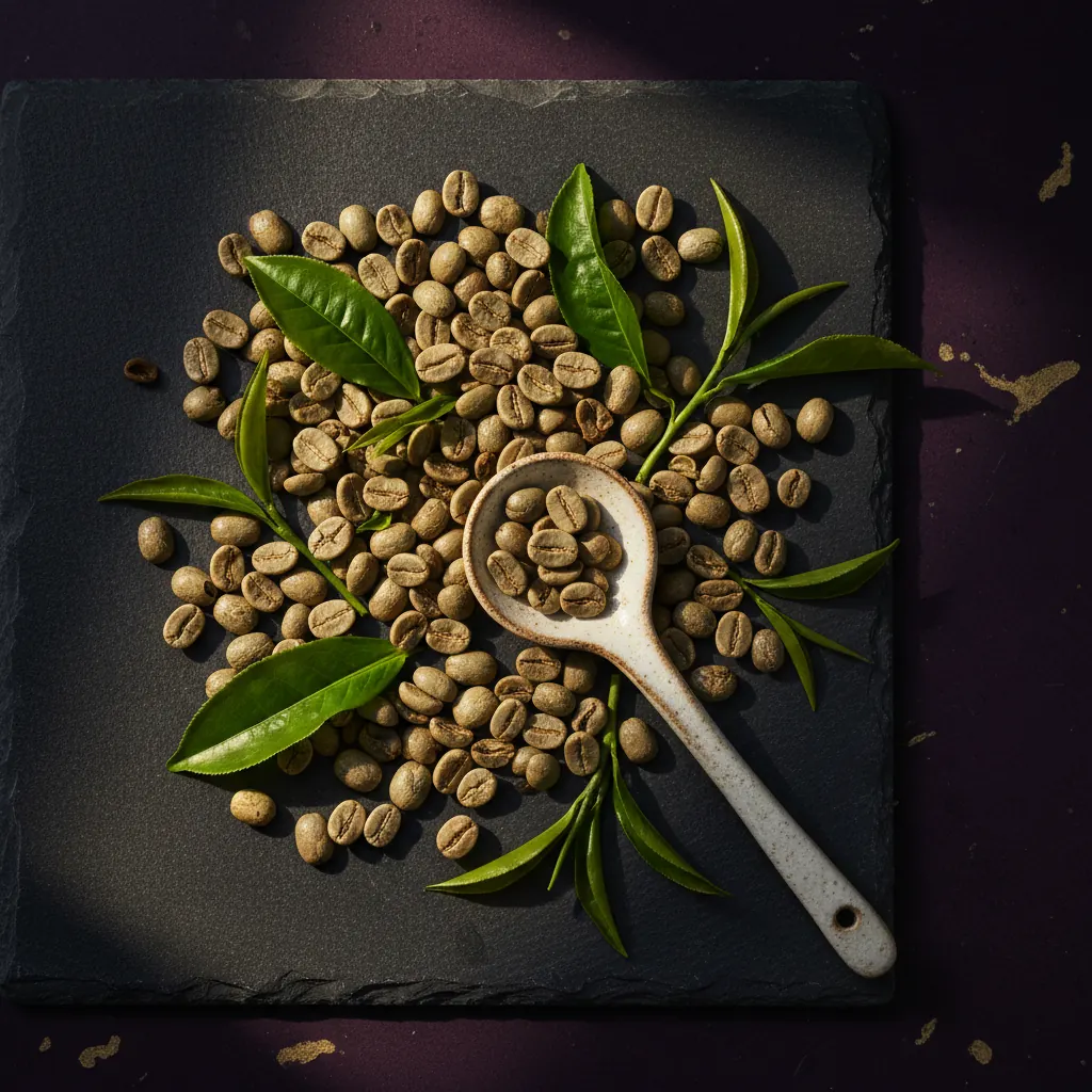 Green coffee beans, fresh green tea leaves and a ceramic spoon on dark slate - natural plant extract supplement UK