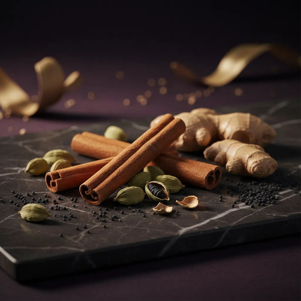 Dried botanical herbs including cinnamon, cardamom and ginger on dark marble - green coffee extract supplement
