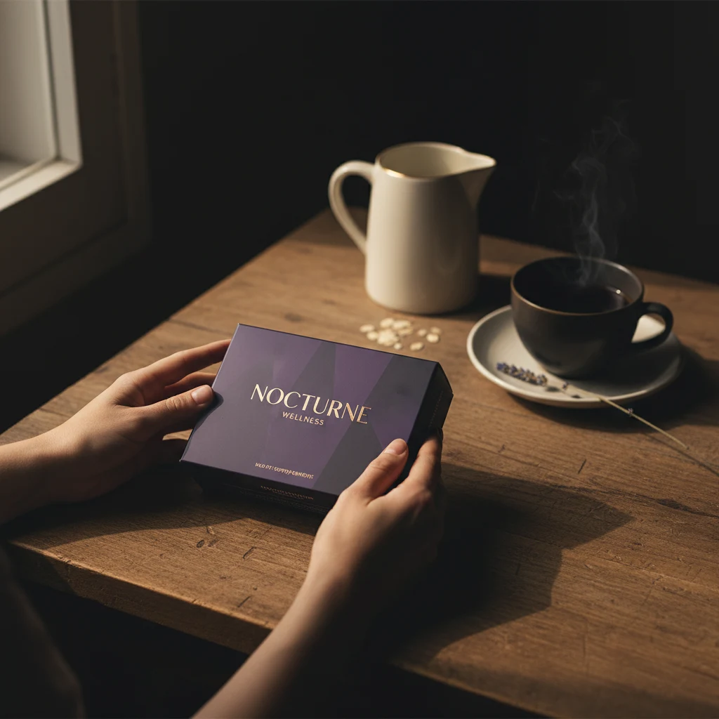 Hands holding a Slim Coffee Booster supplement box at a morning breakfast table with coffee and oat milk